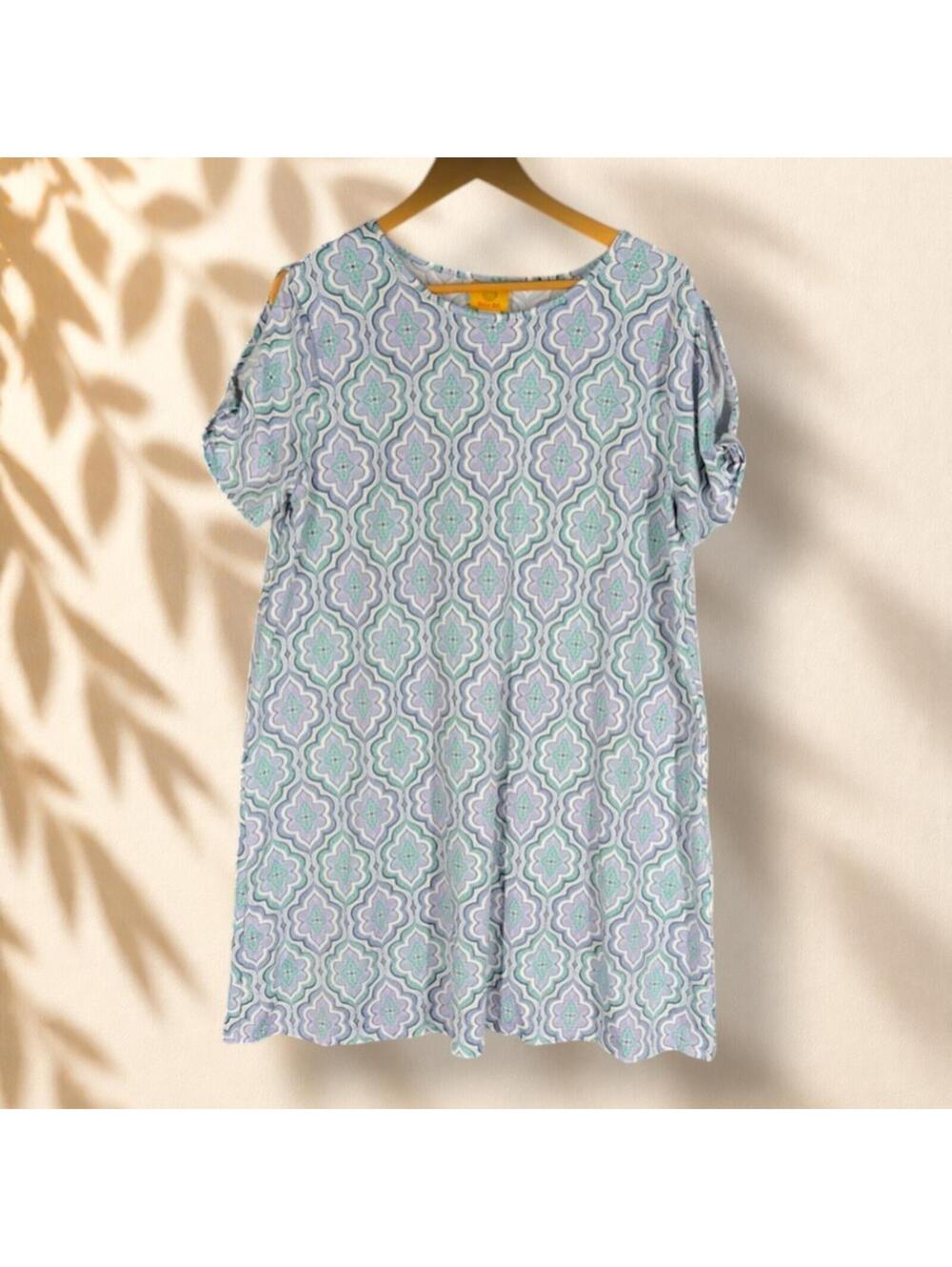 Ruby Rd. Mini Dress Women L Large Blue Geometric Short Short Sleeve Casual